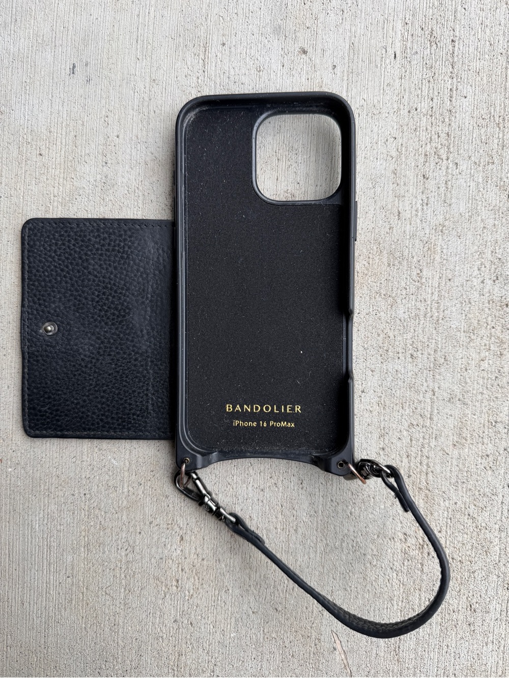 Bandolier Black Leather iPhone 16 Pro Max Crossbody Case with Strap